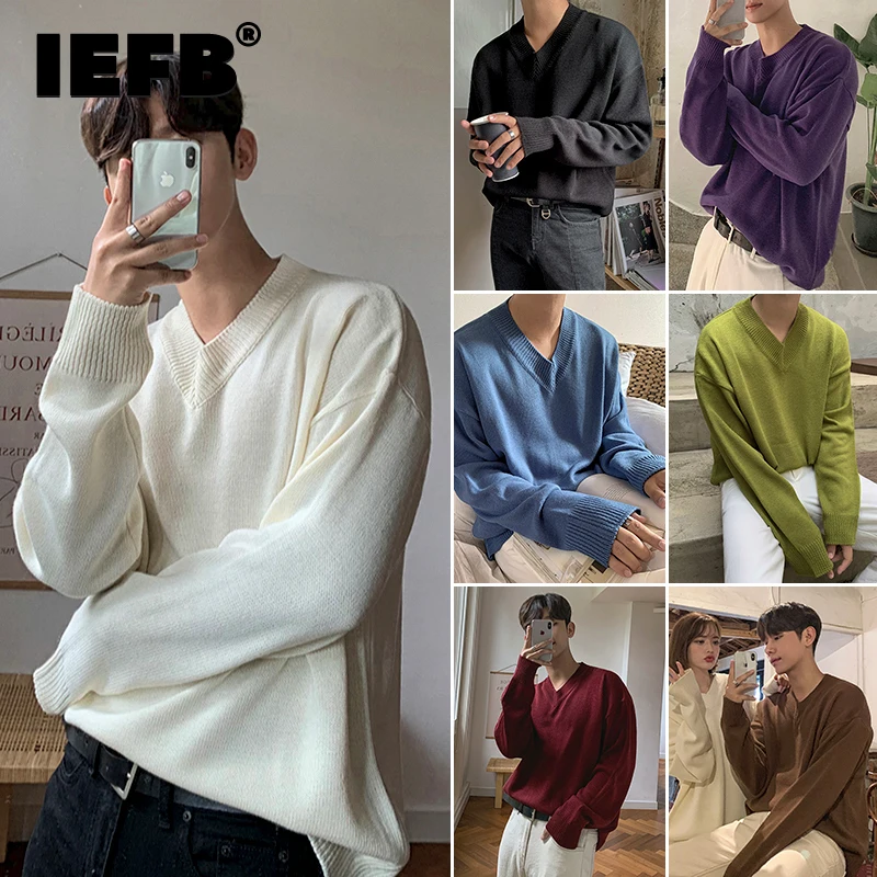 

IEFB men's V-Neck Sweater Korean fashion loose long sleeve solid color bottoming kintted sweaters autumn witner basic kintwear