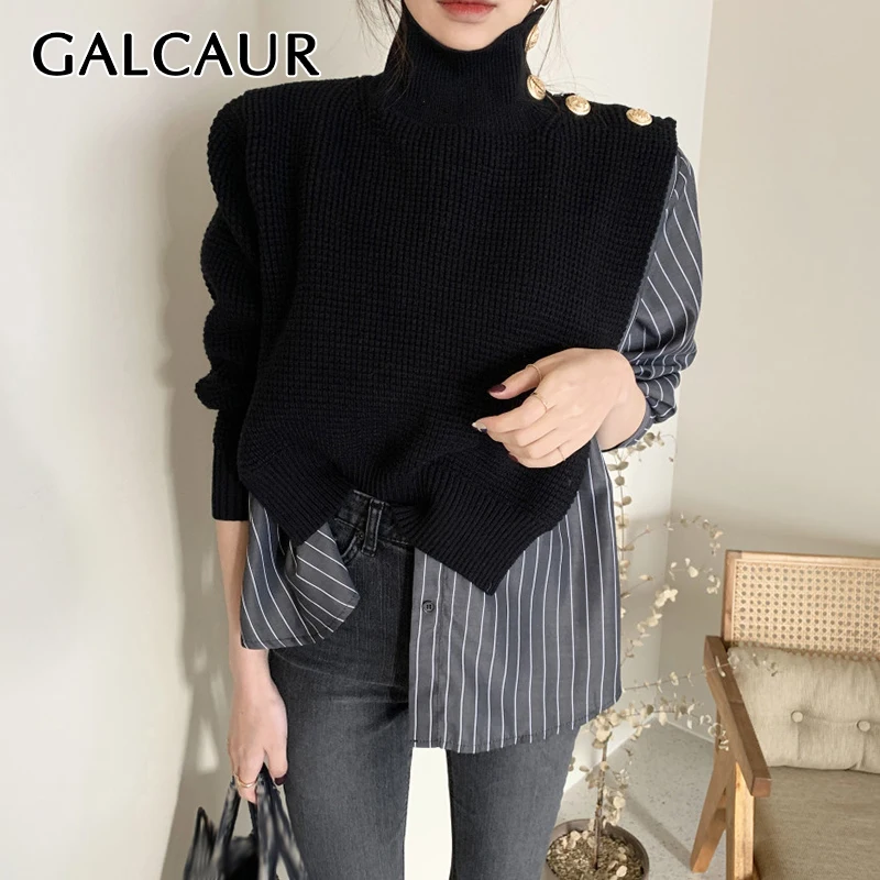 

GALCAUR Print Striped Sweaters For Women Turtleneck Long Sleeve Patchwork Korean Casual Pullovers Female 2021 Fall Clothing Tide