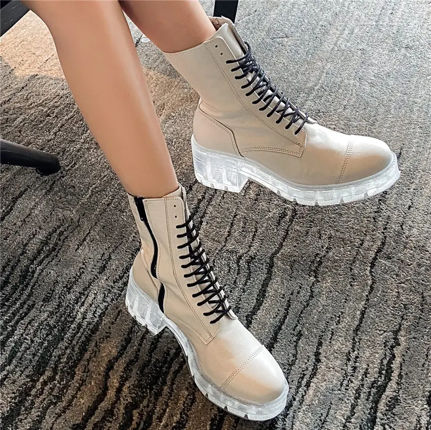 

Women's White Cow Leather Combat Military Ankle Boots Transparent Platform Chunky Oxfords Punk Goth Shoes Round Toe Party