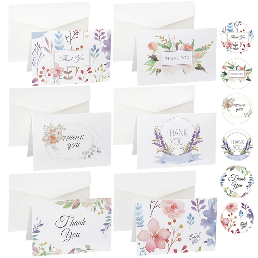 

6sets Flower Thank you Cards Wedding Party Invitation Greeting Cards with Envelopes Stickers Blank inside Postcard Folding Cards