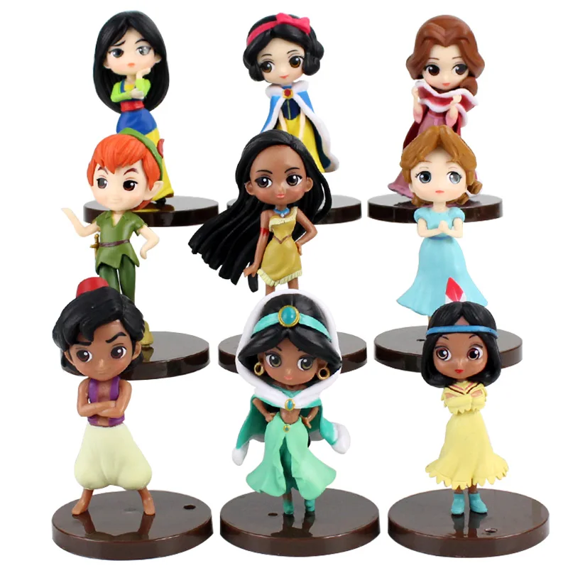 9pcs/Set Q Posket Princess Snow White Cinderella Mulan Tangled Aladdin Moana Peter Pan Sleeping Beauty Figure Model Toys Dolls - купить по
