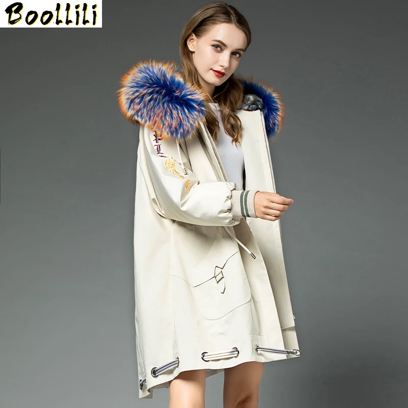 

2023 Winter Boollili Coat Women Rabbit Fur Liner Warm Parka Real Fur Coat Female Raccoon Fur Collar Korean Long Jacket