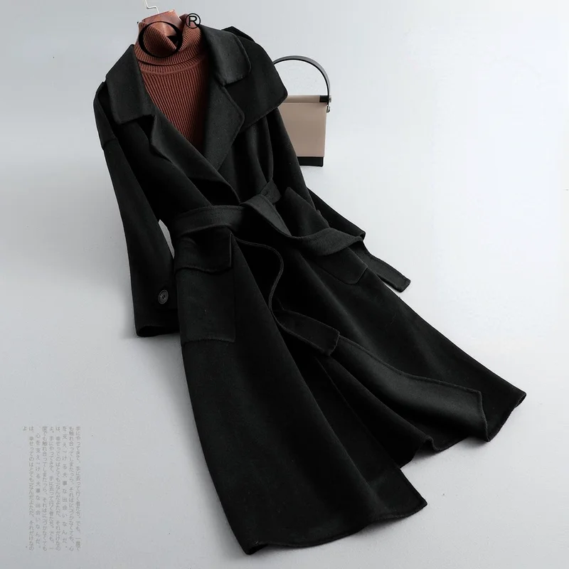

Женское кашемировое пальто с поясом, элегантное шерстяное теплое пальто с отложным воротником и открытым стежком, модель Y521 на зиму, 2021