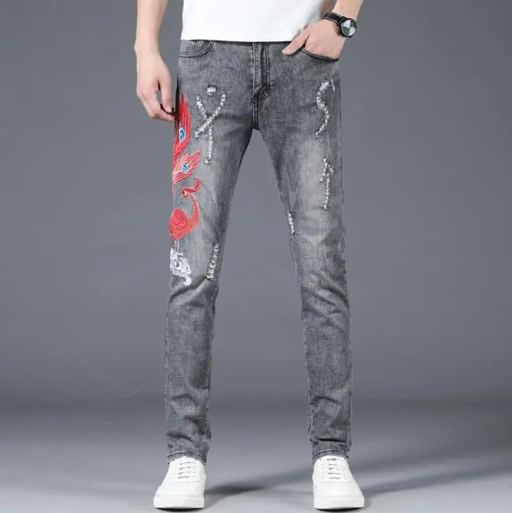 men's stretch feet jeans homme embroidered original design trousers new European American red phoenix slim trendy pants