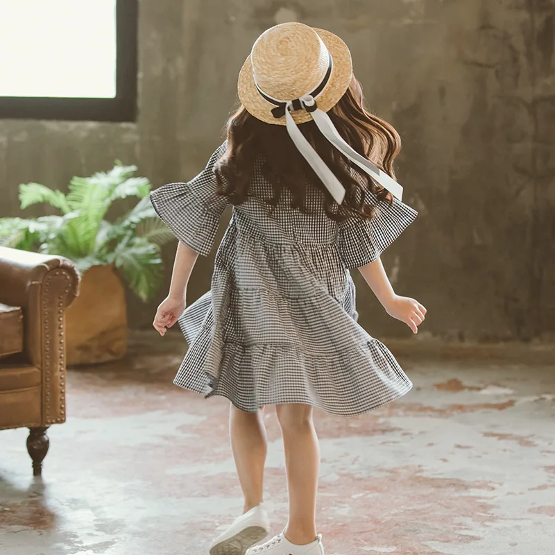 school big girls plaid dress flare sleeve summer toddler kids dresses loose children clothes size 4 5 6 7 8 10 12 14 Years | Детская