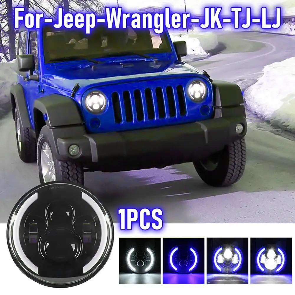 

7" LED Headlights with Blue Halo Ring Angel Eyes for Jeep Wrangler JK TJ LJ 1997-2018