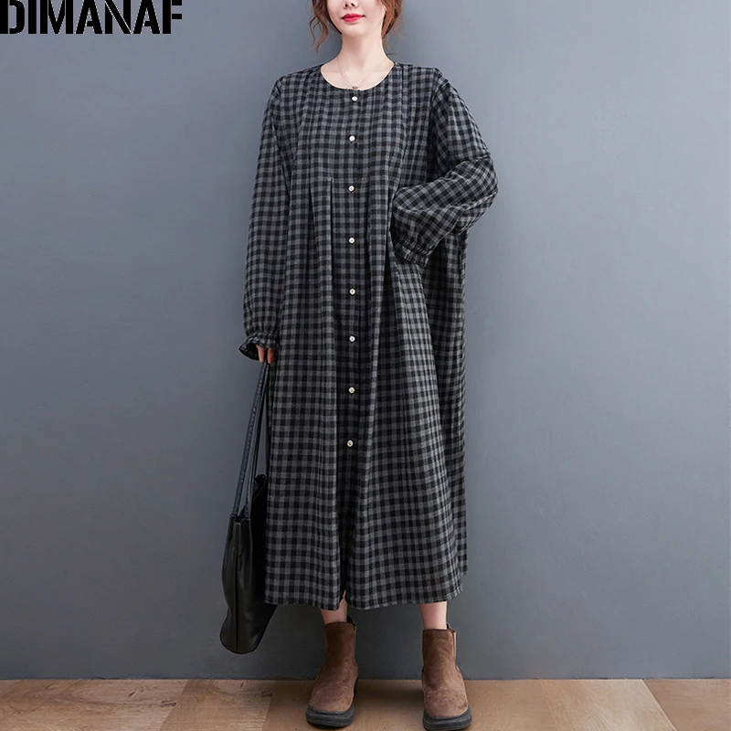 

DIMANAF 2022 Spring Long Sleeve Shirt Dress Vintage Plaid Elegant Lady Cotton Linen Women Clothing Loose Casual Dress for Women