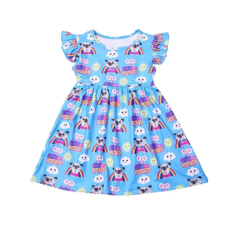 

Toddlers Chip And Potato Dress Kids Blue Pearl Sleeve Boutique Dress Milksilk Knee Length A-line Clothes Wholesales