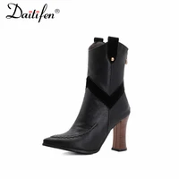 daitifen women fashion buckle design side zipper winter with fur boots western style mid calf high heels boots women dress pumps