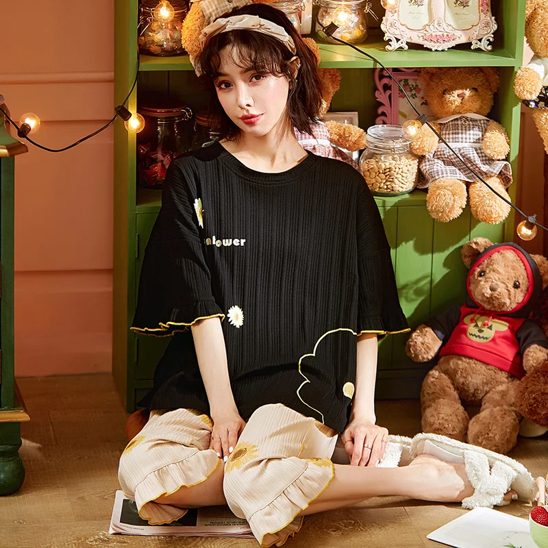 

Новинка лета 2021, женская пижама, домашняя одежда, размера плюс, комплект одежды для сна с коротким рукавом, пижамный комплект для женщин, Хло...