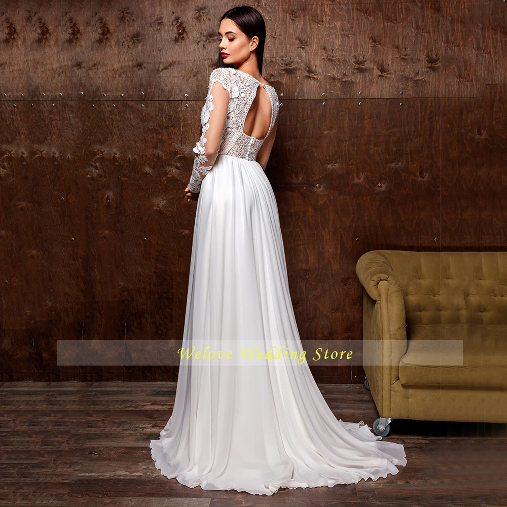

Romantic Beach Weddings For Bride Long Sleeve Fashion Side High Slit A Line V Neck Delicate Applique Wedding Dress Bridal Gown