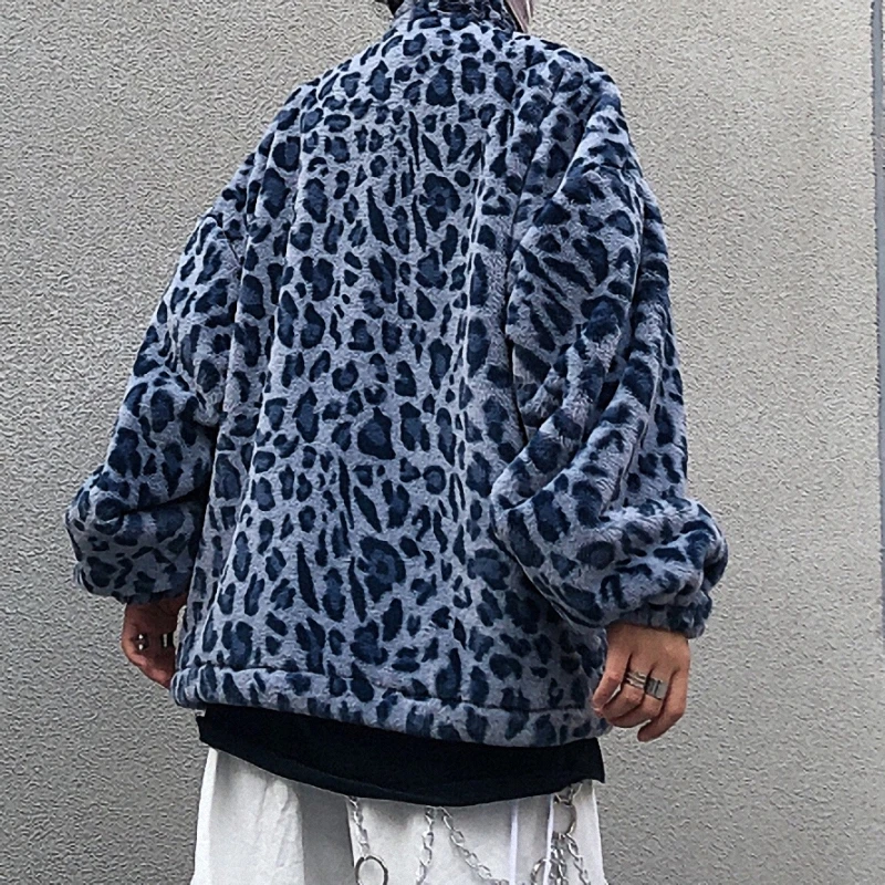 2021 Women Blue Leopard Faux Fur Coat Winter Padded Jacket  Loose Plus Velvet Street Coat Casual Outwear Women Lamb Wool Coat