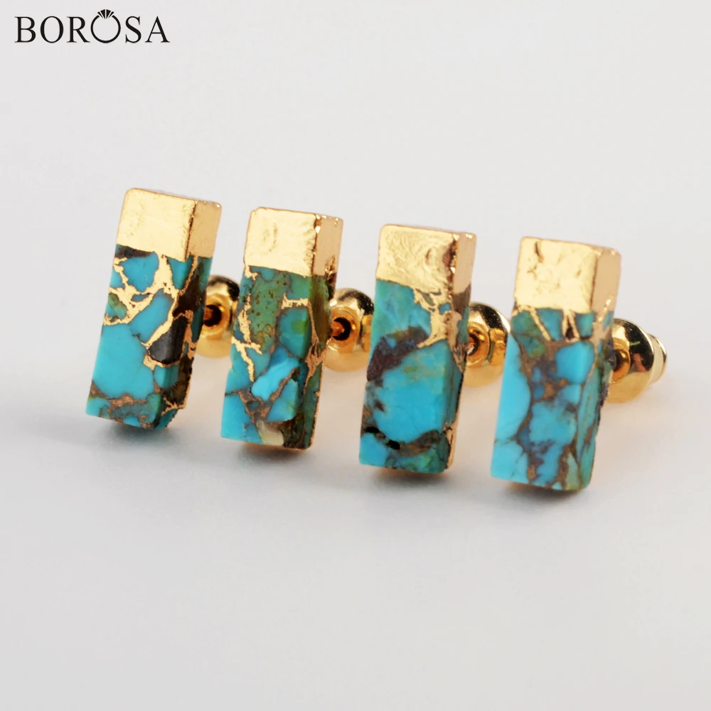 Женские прямоугольные бирюзовые серьги BOROSA, серьги-гвоздики с золотыми венами, модные ювелирные изделия в стиле бохо, G1987