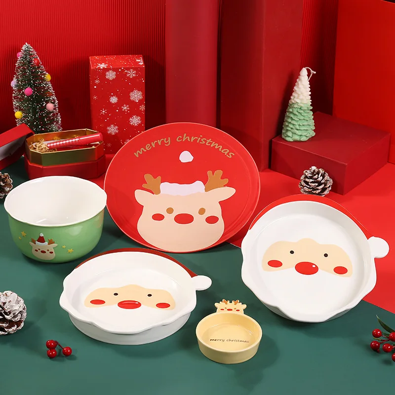 

Christmas Dinner Plate Cartoon Santa Claus Food Dish Microwave-Heatable Food Container Ceramic Dishes Soup Bowl Saucer Tableware