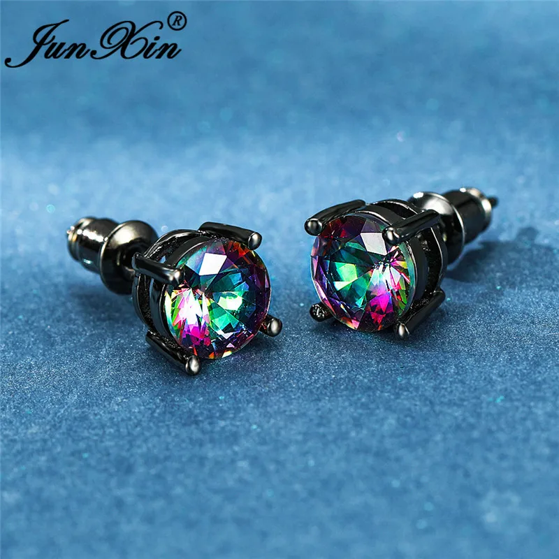 Серьги-гвоздики унисекс круглые 8 мм с разноцветными фианитами | Украшения и
