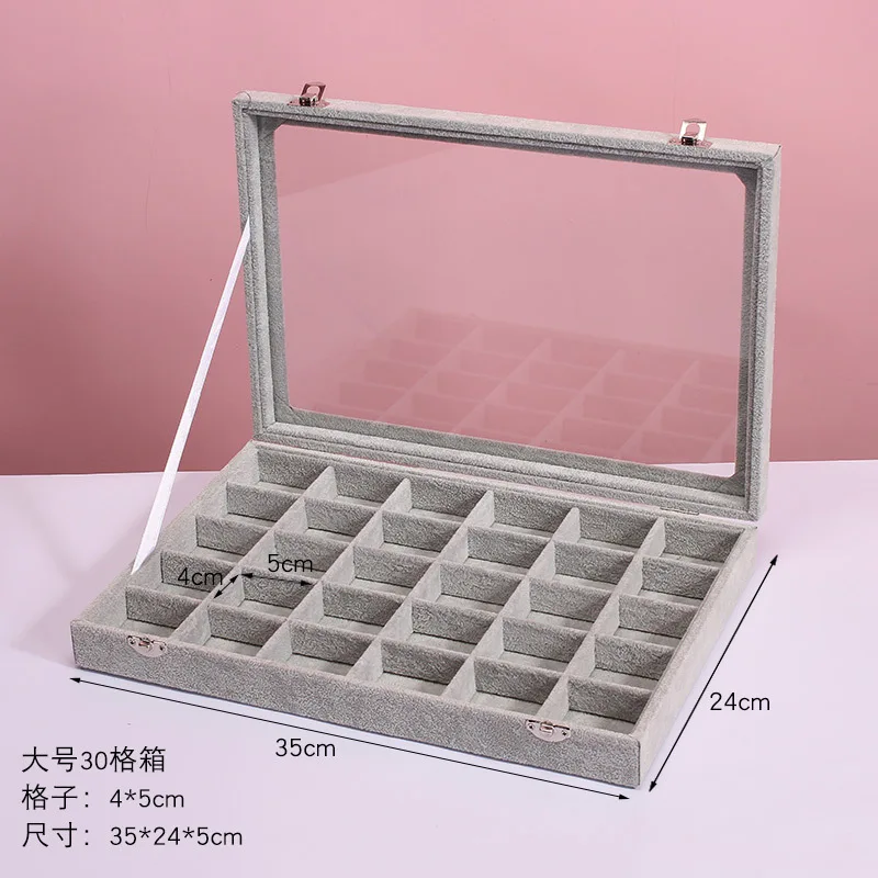 

Большие бархатные серый чехол для переноски со стеклянной крышкой, витрина для ювелирных изделий, лоток, держатель, коробка для хранения, органайзер, серьги, кольцо, браслет