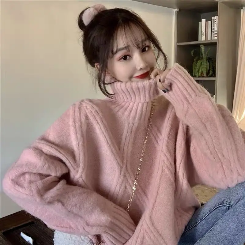

Women 2021 Autumn Winter New Loose Thick Warm Top Female Turtleneck Knit Sweater Top Ladies Long Sleeve Twist Pullover Tops D601