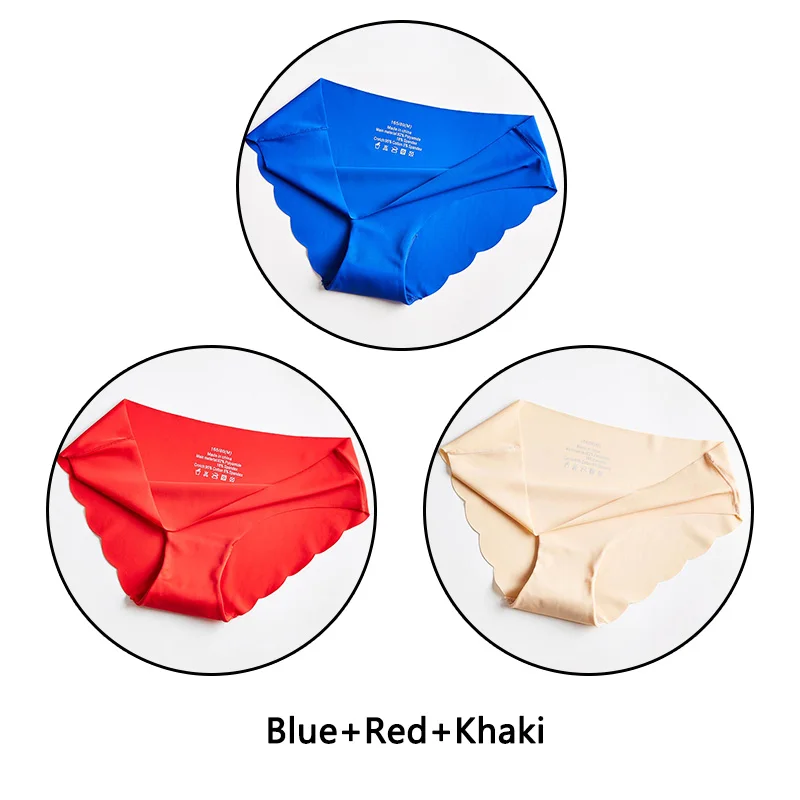 Blue Red Khaki 3 шт. ультра тонкие мягкие женские трусики бесшовные трусы сексуальные оборки Нижнее белье Женские однотонные трусики 7 цветов Нижнее белье с низкой посадкой нижнее белье - Цвет: Blue Red Khaki