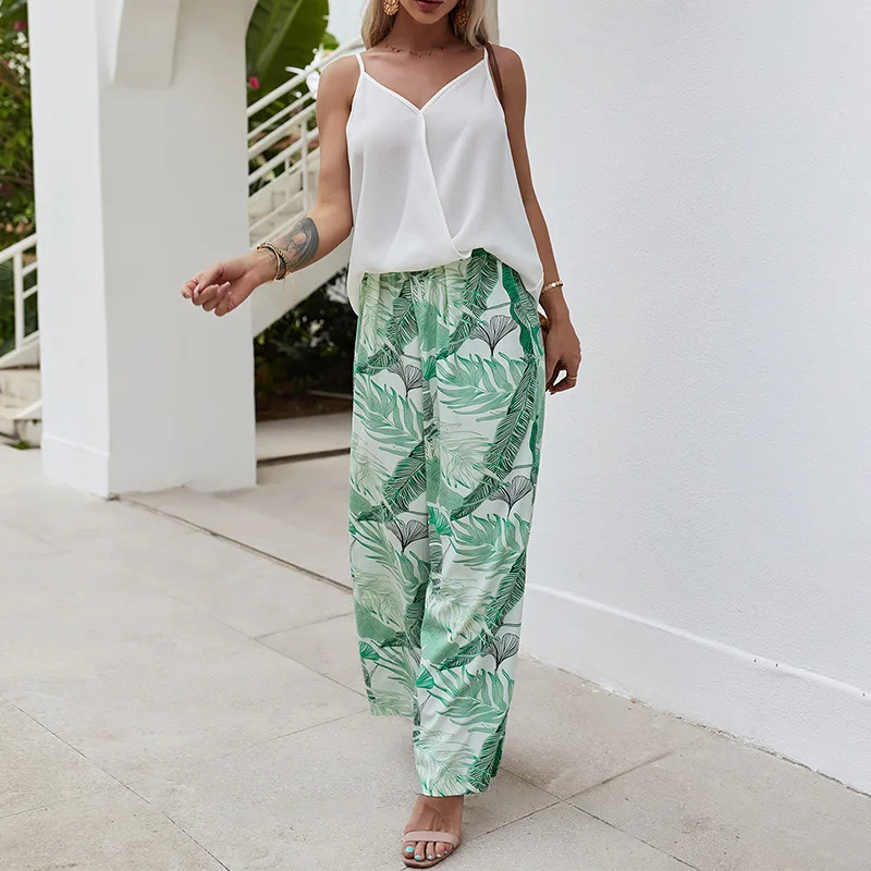 

2021 Summer New Loose Tank Top Set Women Short Camis Trousers Co-ords Fashion Silky Chiffon Floral Wide Leg Pants Two Piece Sets