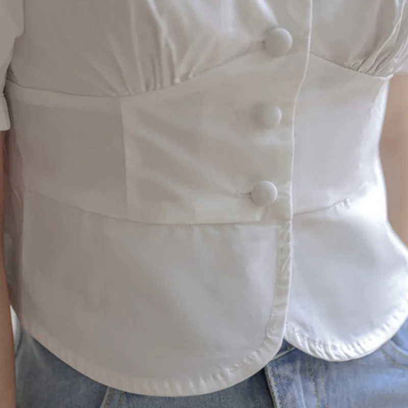 

EleeMee 2021 Summer Short Sleeve Shirt For Women Square Neck Puff Sleeve Short Solid Color Single Breasted Elegant Top Size S-L