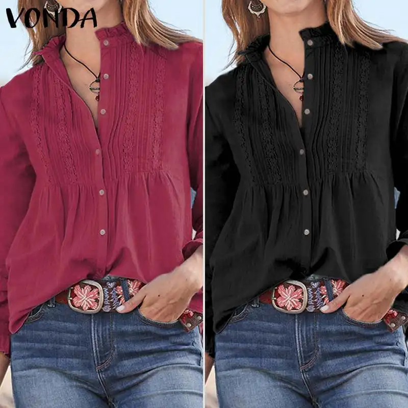 Модные женские блузки, топы, женская блузка, осенняя сорочка VONDA, одноцветная рубашка с длинным рукавом, женские блузки на пуговицах, большие размеры