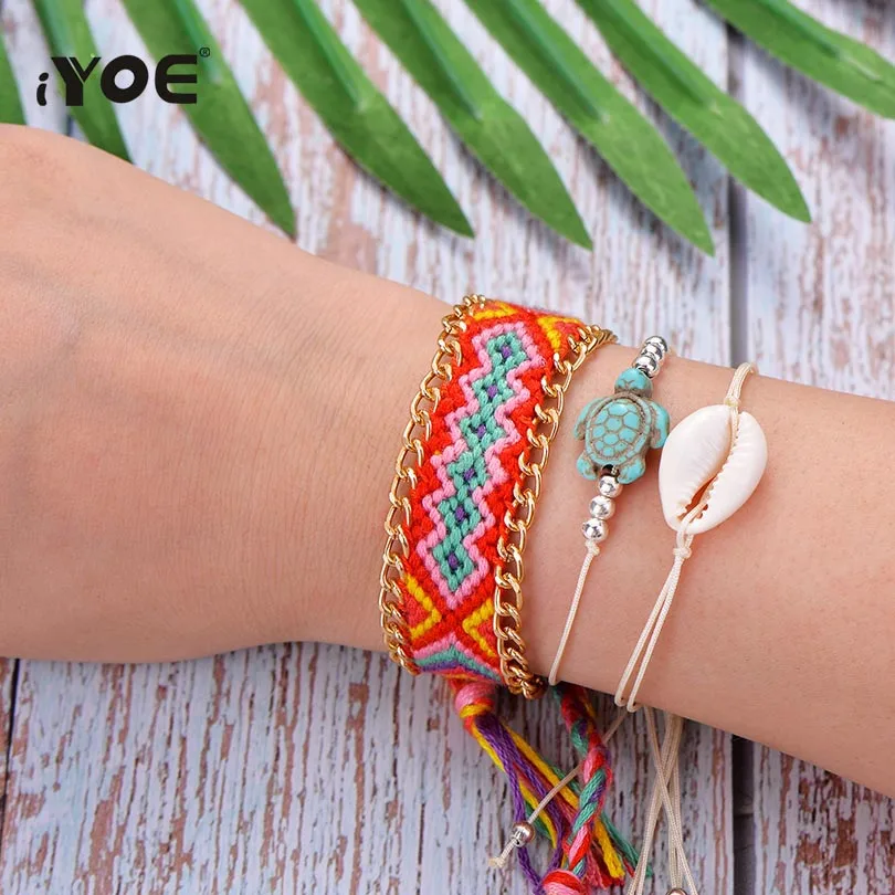 IYOE винтажный этнический Хлопок Веревка Браслеты для женщин Boho акриловые бусины в