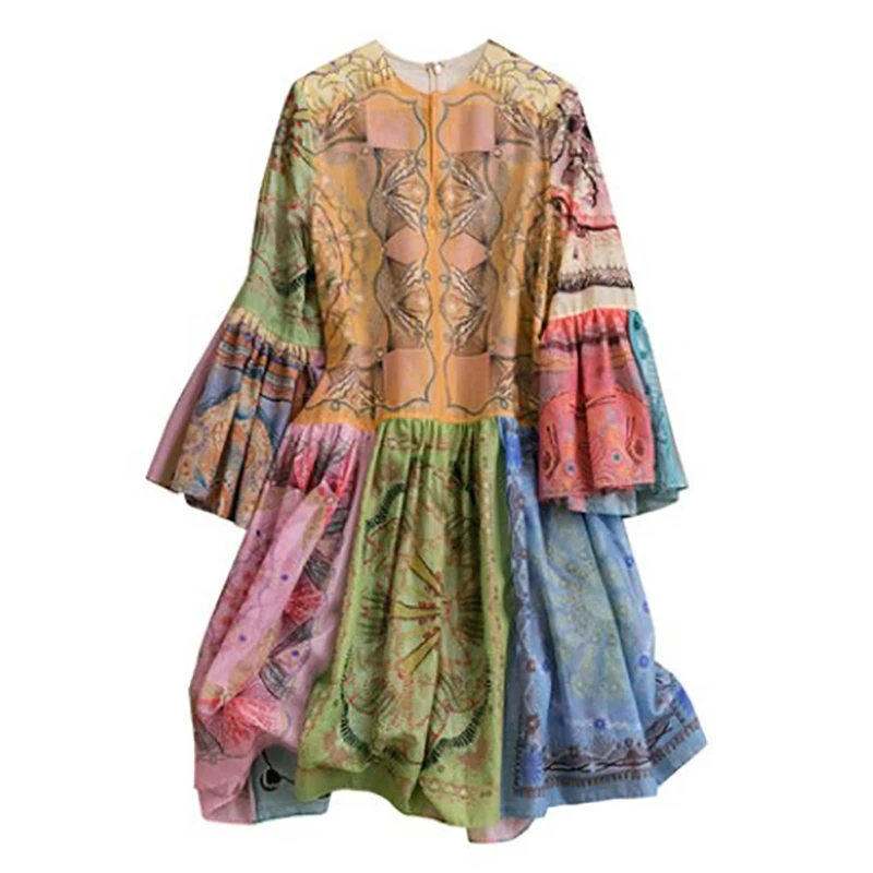 

SHENGPALAE Elegant Temperament Print Dress Women's Spring 2021 New Round Neck Vintage Long Flared Sleeve Waist Mini Dresses 5B91
