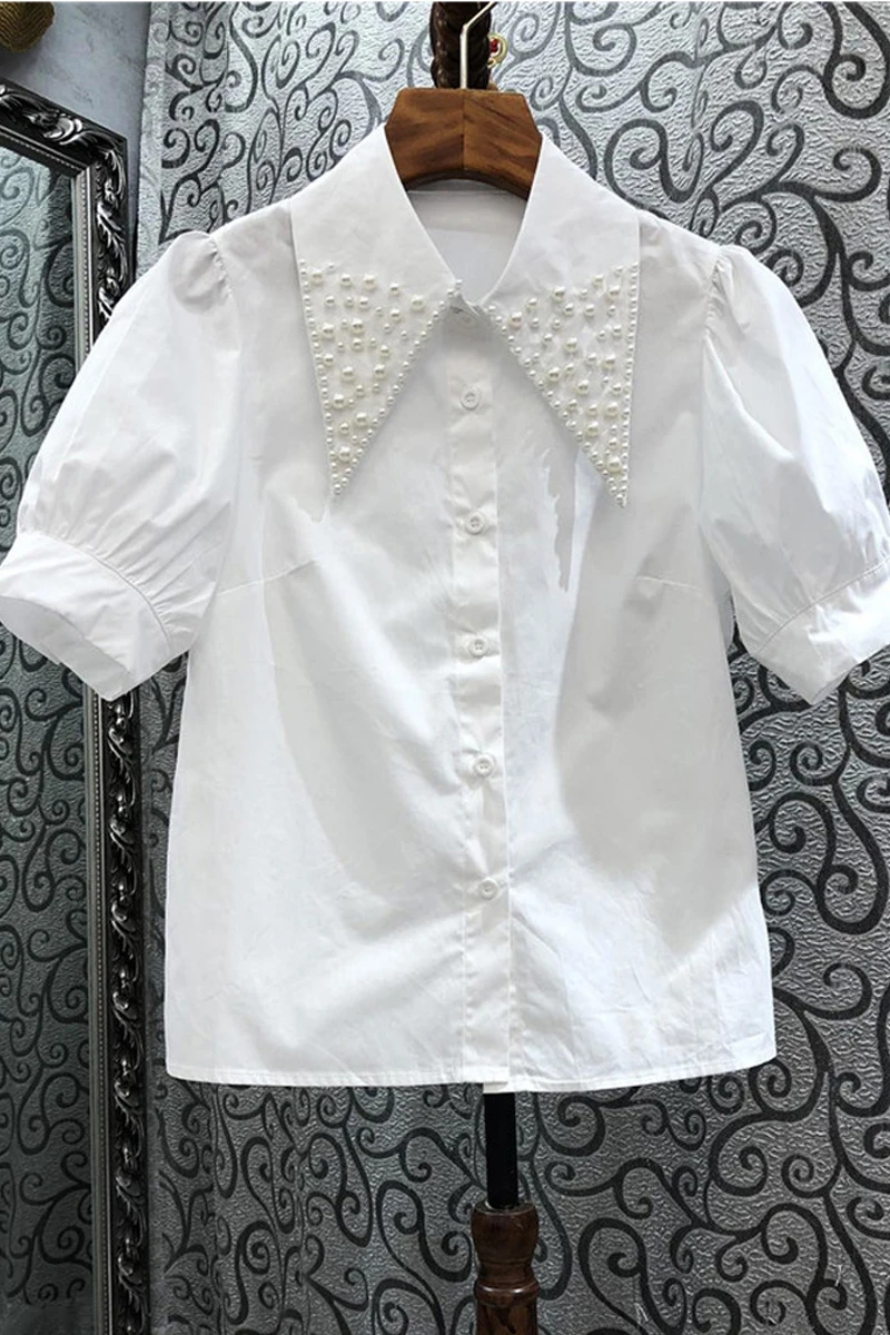 

2021 Summer Korean Style White Short Sleeve Loose Western Style Puff Sleeve Beaded Top Shirt for Women