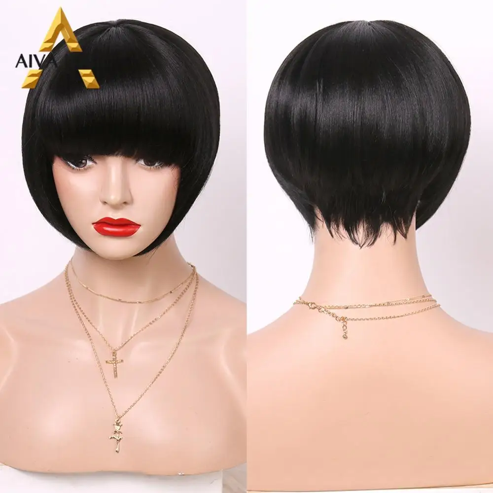 

Парик Aiva из высокотемпературного волокна, синтетический, 10 дюймов, без шнуровки, Боб, черный, с челкой, без клея, короткие, для чернокожих женщин