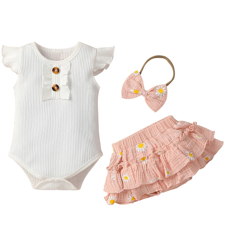 

3 шт., детский летний Боди с цветочным принтом, на пуговицах