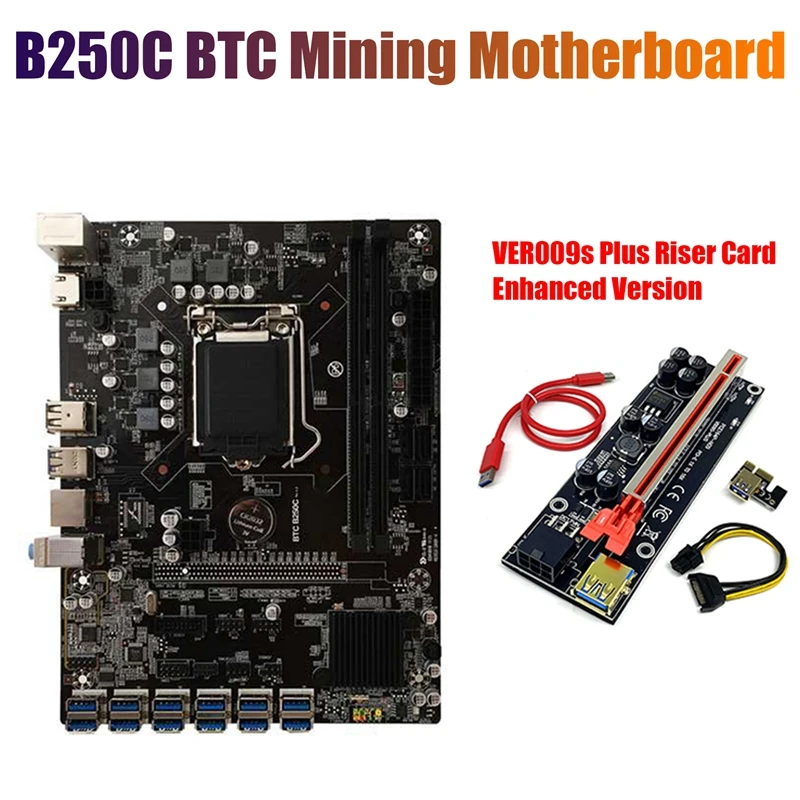 

Материнская плата B250C BTC Miner + карта подъема 009S Plus улучшенная версия 12xpcie на USB3.0 слот GPU LGA1151 материнская плата для майнинга