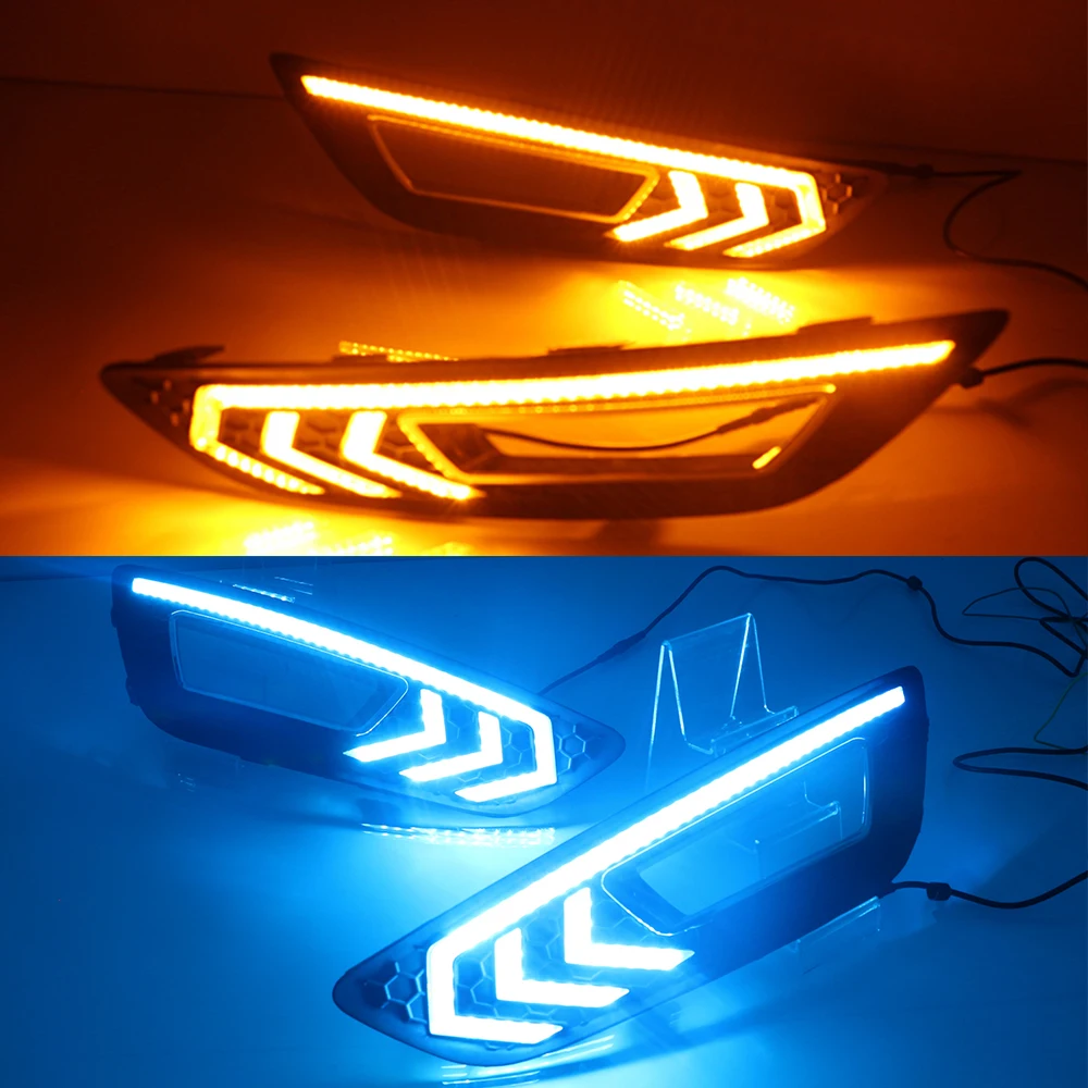 CSGJMY 2PCS For Ford Focus 3 mk3 2015 2016 2017 2018 LED DRL daytime running lights daylight with Yellow signal fog lamp | Автомобили и