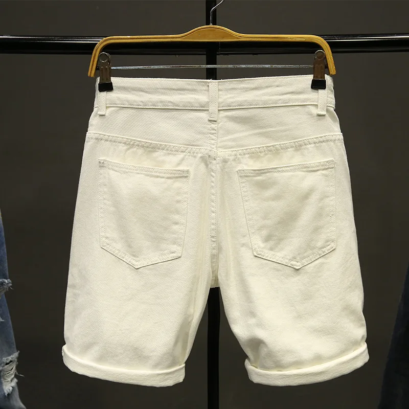 

LOVZON Men White Denim Shorts New Summer Men Holes Short Jeans Men Cotton stretches Casual Denim Shorts
