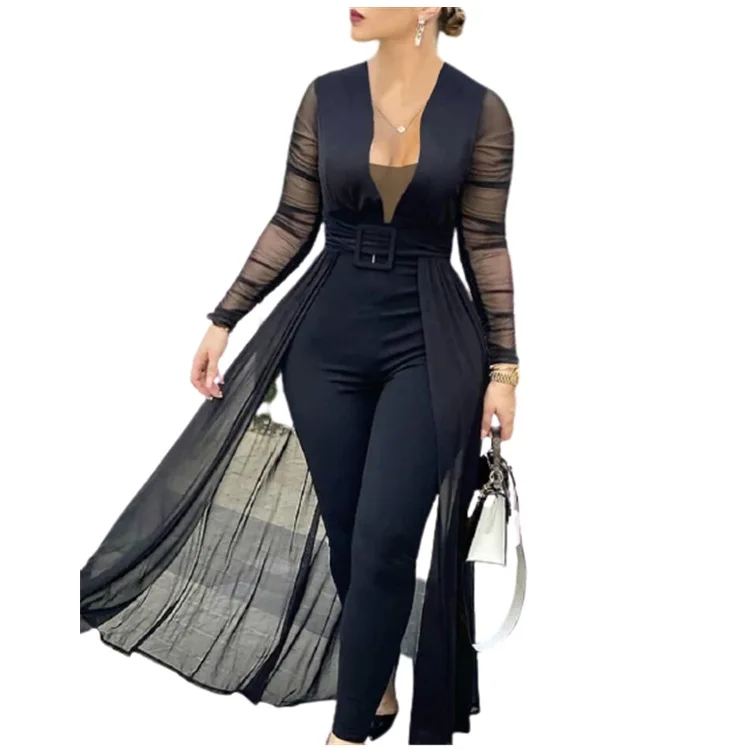 

WEPBEL Women Sexy Mesh Patchwork Jumpsuit Ladies Elegant Long Sleeve V Neck Skinny Romper Female Slim Fit Overalls