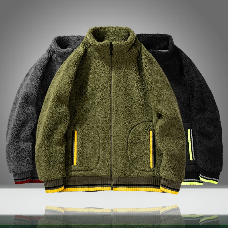 Мужская флисовая куртка на молнии однотонная теплая Повседневная из овечьей