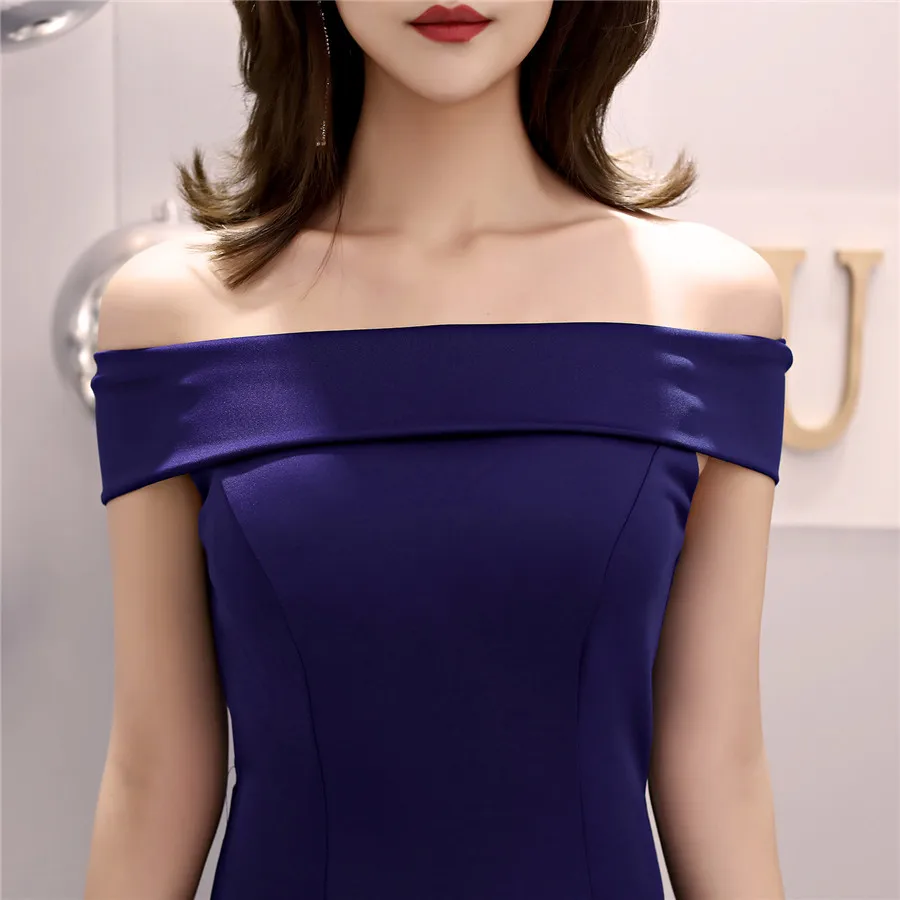 

Off The Shoulder Evening Gown It's Yiiya DX382 Navy Blue Ruched Evening Dress 2020 Boat Neck Split Floor-Length Robe De Soiree
