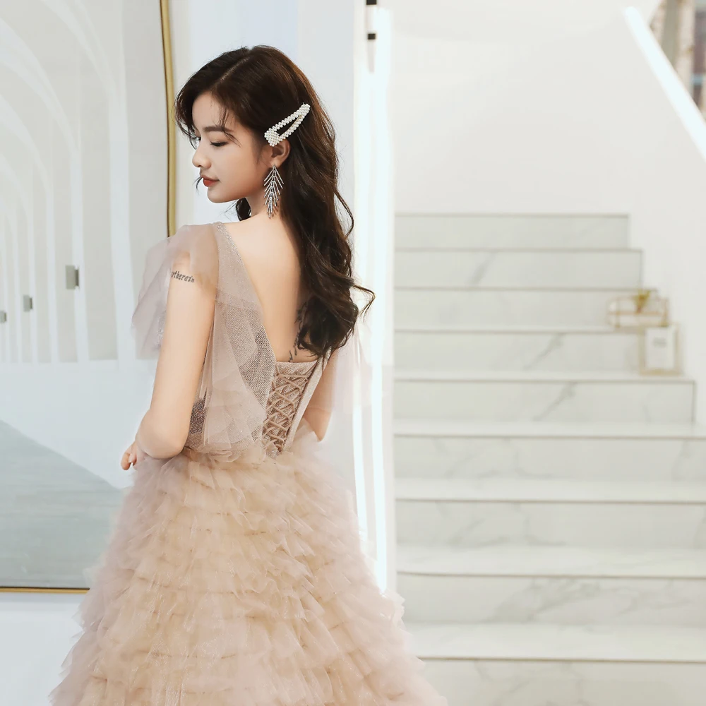 

2020 New Arrival V Neck Ball Gown Samll Ruffles Formal Prom Dresses Qnique Long Elegant Evening Dress Women Robe De Soiree