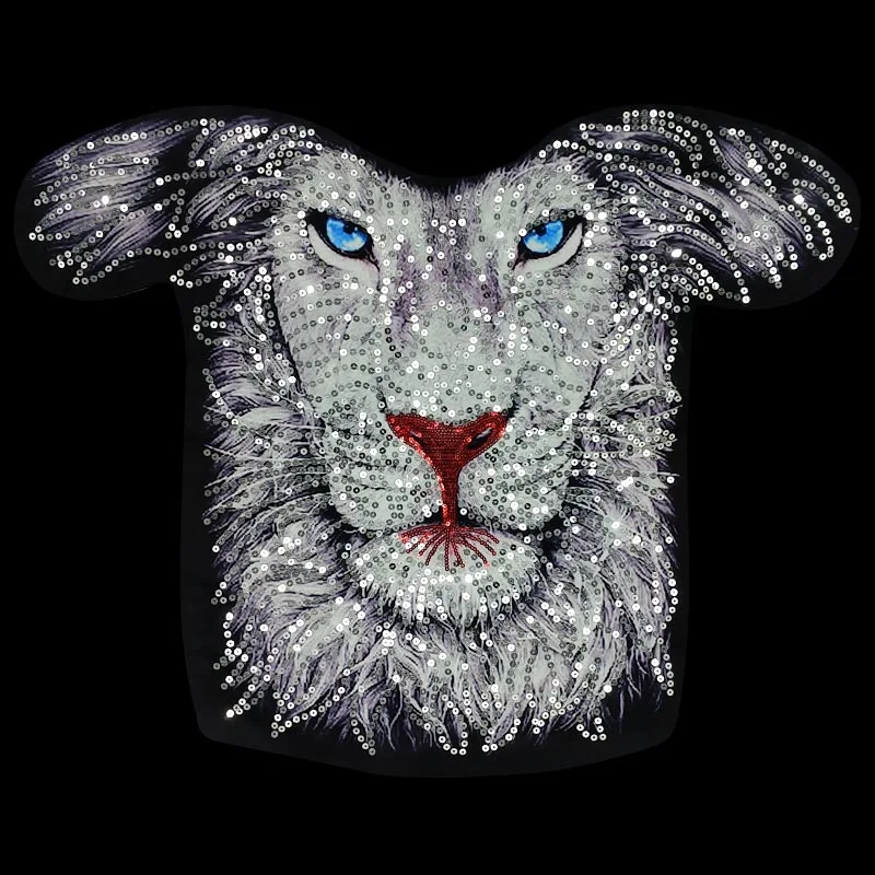 1 Piece Large Sequins Lion Head Embroidered Patch Rock Punk Style For Clothing Accessories Applique Sew On DIY Supplies | Дом и сад