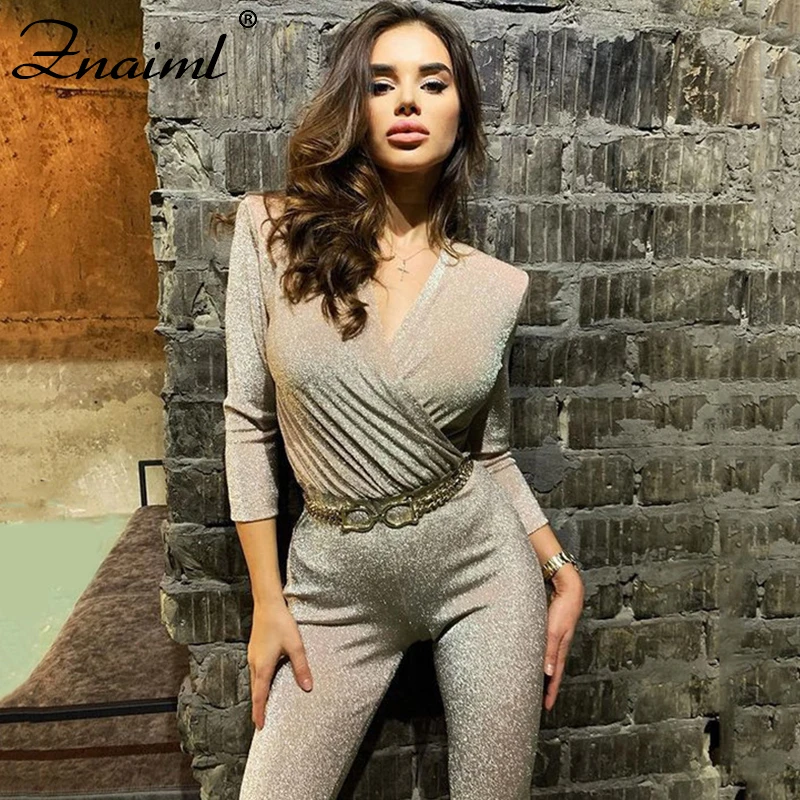 

Znaiml Spring Autumn Shiny Pad Shoulder Jumpsuit V Neck Three Quarter Sleeve Women Bodycon Rompers Overalls Club Sexy Jumpsuit