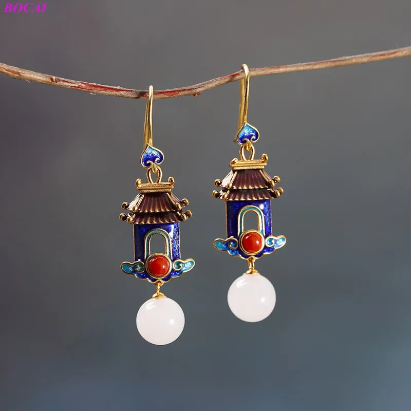 

BOCAI Solide S925 sterling silver eardrop for women The Heavenly Southern Gate Hetian Jade burnning Blue Thai silver Earrings
