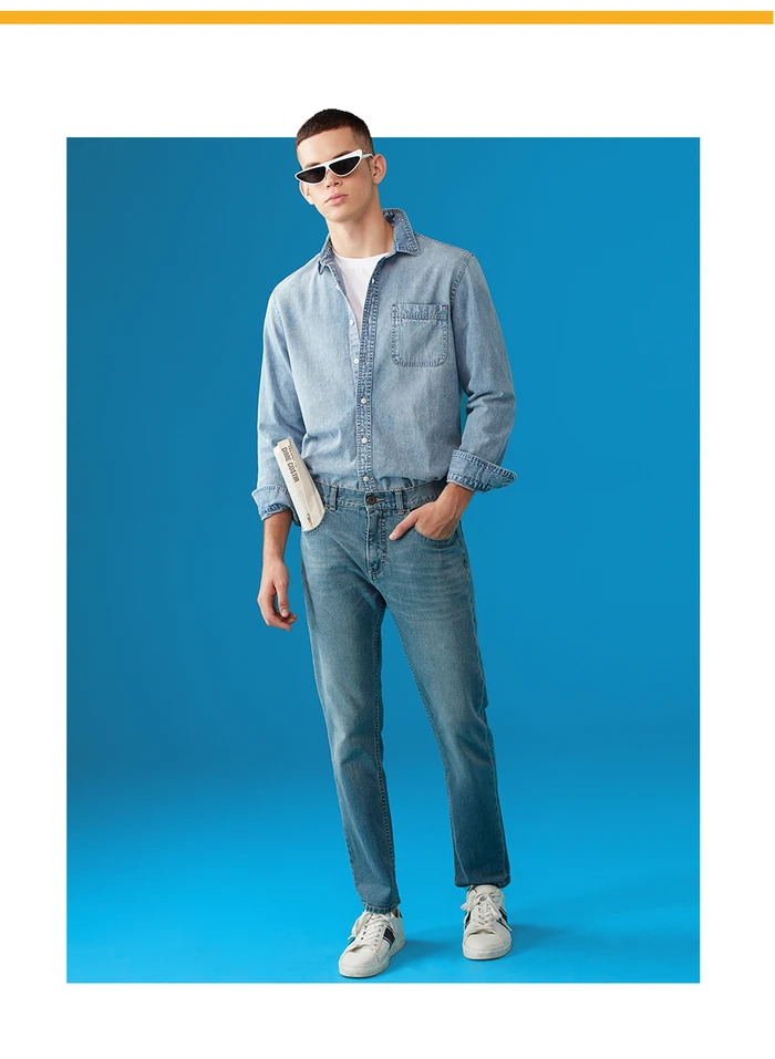 Giordano приталенная Мужская рубашка из джинсовой ткани с длинными рукавами Camisa Masculina, на пуговицах спереди, с отложным воротником, Chemise Homme 01049890
