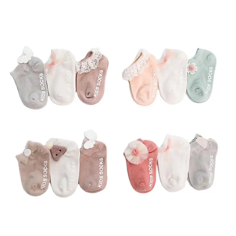 

3Pcs/set Summer Toddler Solid Lace Bow Socks Kids Baby Boys Girls Cotton Breathable Anti Slip Indoor Walk Short Socks