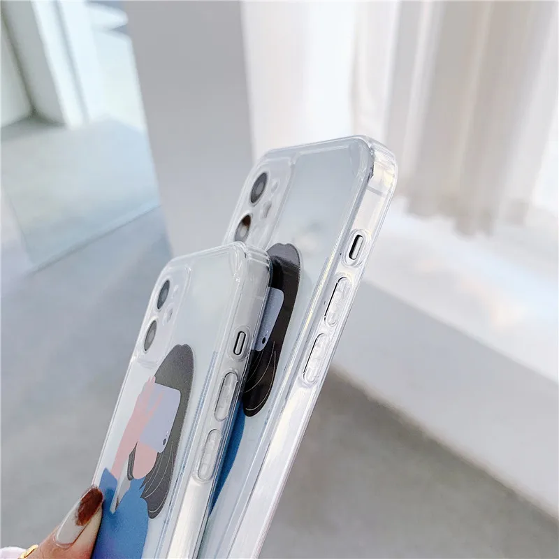 

Lovely Selfie Girls Straight Edge Phone Case For iPhone 12 11 Pro X XR XS Max 7 8 Plus SE 2020 12 Mini Clear Back Cover