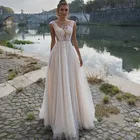 Блестящее свадебное платье в стиле бохо с V-образным вырезом, свадебные платья-трапеции, Кружевная аппликация для невесты, Тюлевое платье без рукавов, 2021