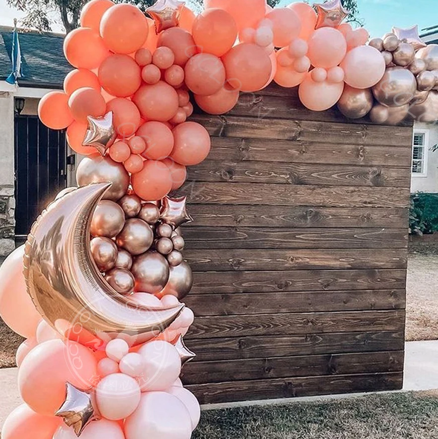 

96Pcs Rose Gold Mix Retro Orange Latex Balloons Garland Arch Kit Ramadan Decorations Moon Star Decorate Chrome Metal Air Ball