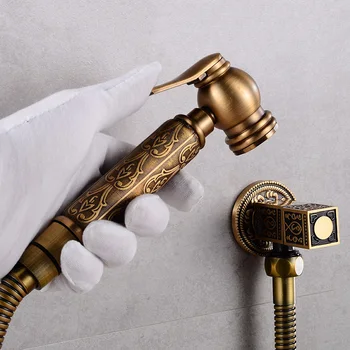 Toilet Bidet Sprayer Douche Kit Hand Held Shower Faucet Bidet Taps Antique Bronze Brass Carving Shattaf Copper Valve Jet Set