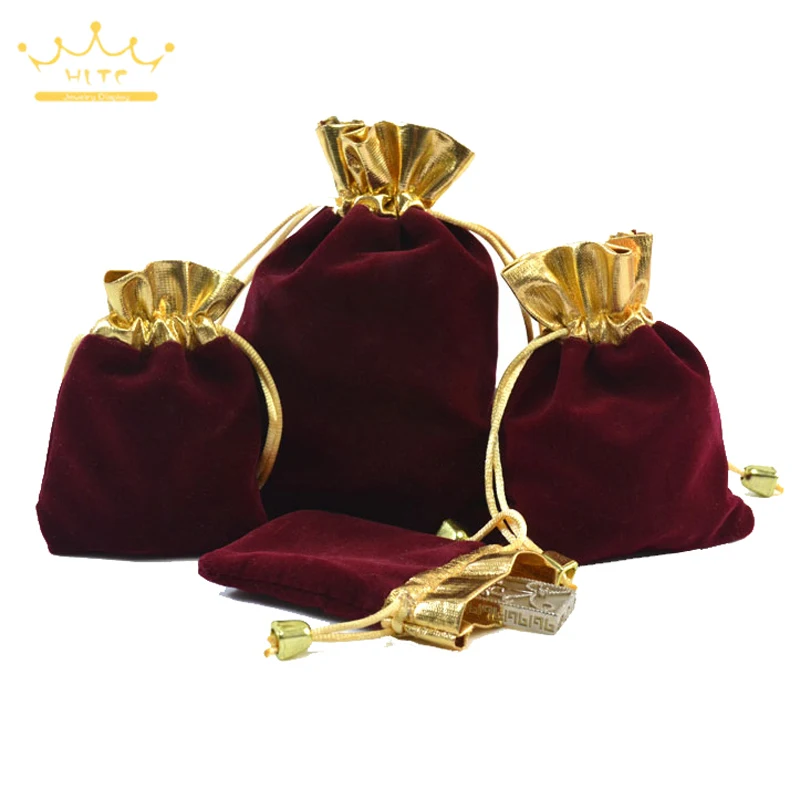 

Drawstring Bag with Golden Flannel Portable Organizer Toiletry Bag Case Adjustable Jewelry Packing Wedding Gift Bags 50pcs/lot