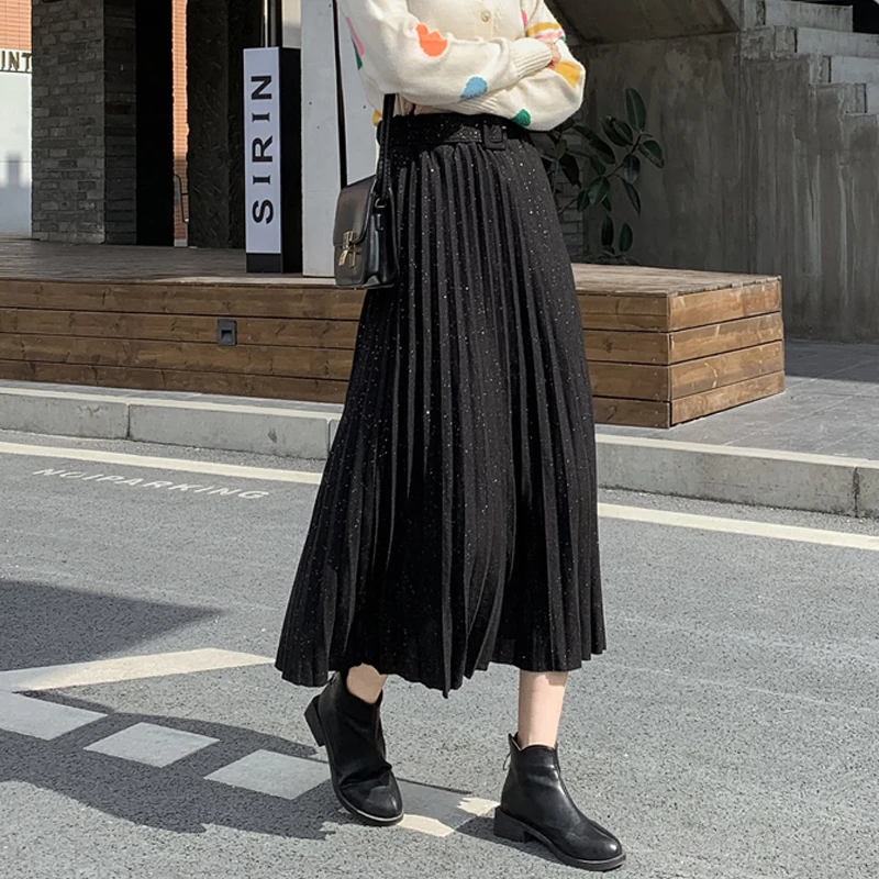

Fashion Belted High Waist Long Skirt Autumn Winter Vintage Woolen Pleated Skirts Korean Elegant Faldas Largas Sparking Saias
