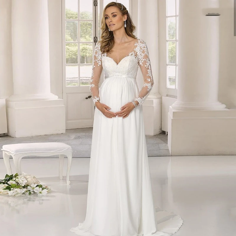 

Платье Свадебное для беременных женщин, шифоновое, с длинным рукавом и V-образным вырезом, с кружевной аппликацией