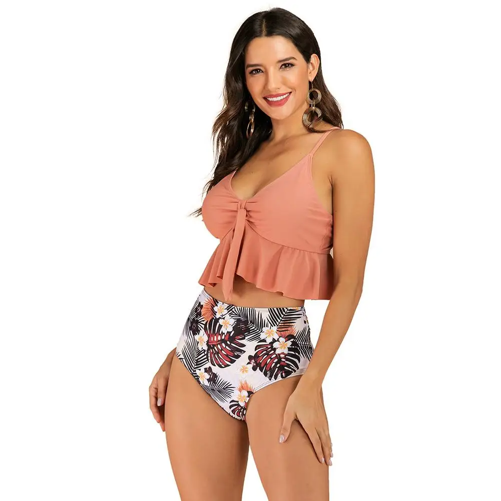 

Women Padded Ruffled Hem Bra High Waist Floral Print Briefs Bikini Swimsuit